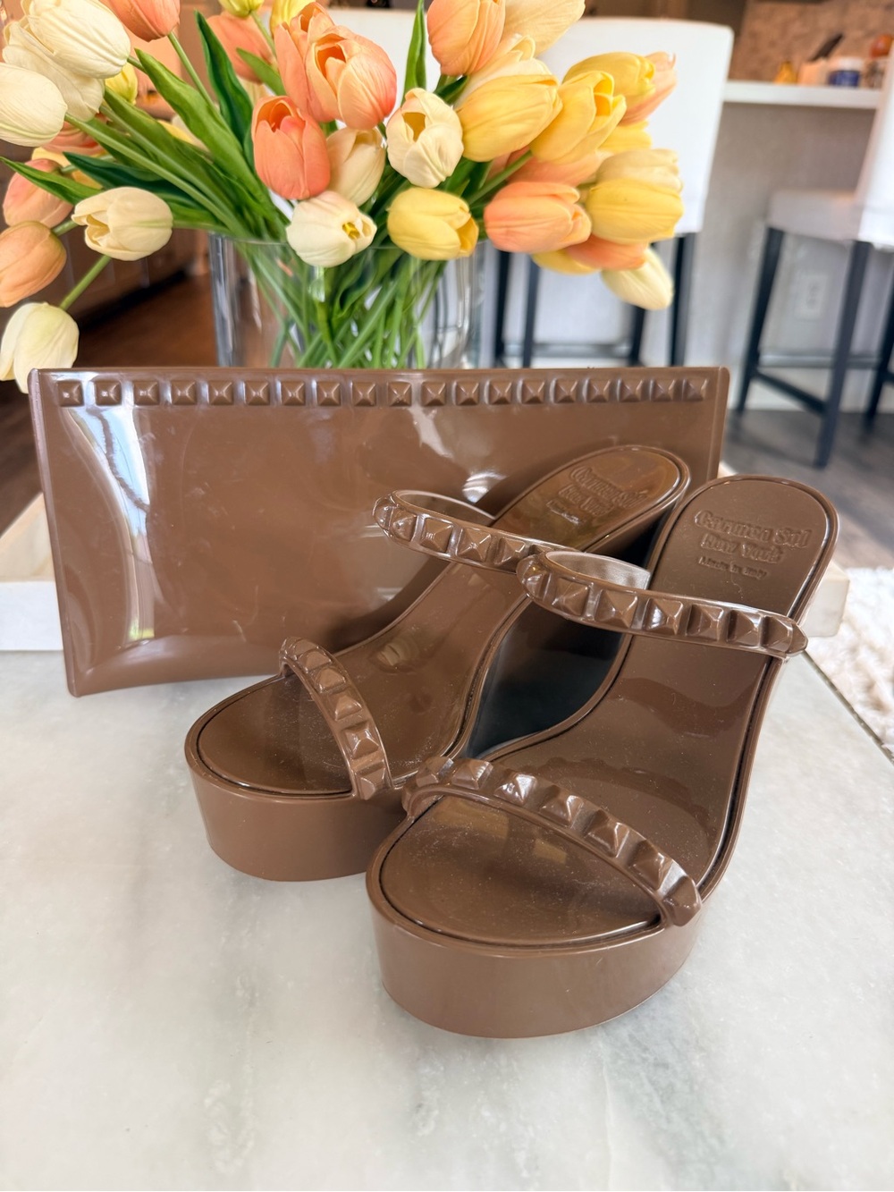 Carmen Sol Chocolate Brown Studded Wedges - and clutch… wore one time